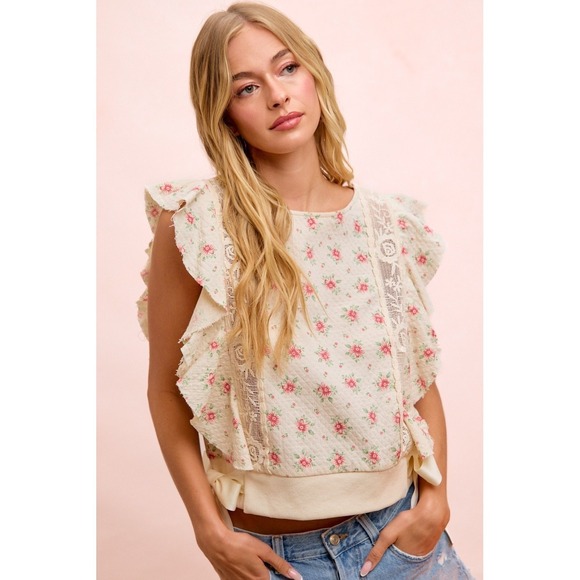 BiBi Tops - BiBi Flower Printed Ruffle Sleeve Trim Detail Top - Red Flower - Large